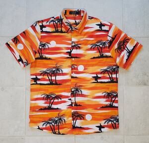 SSLR Men's Medium Hawaiian Orange Sunset Print Collared Short Sleeve Shirts NWOT